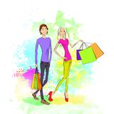 shopping-couple-man-woman-bags-over-colorful-splash-vector-illustration-50433316